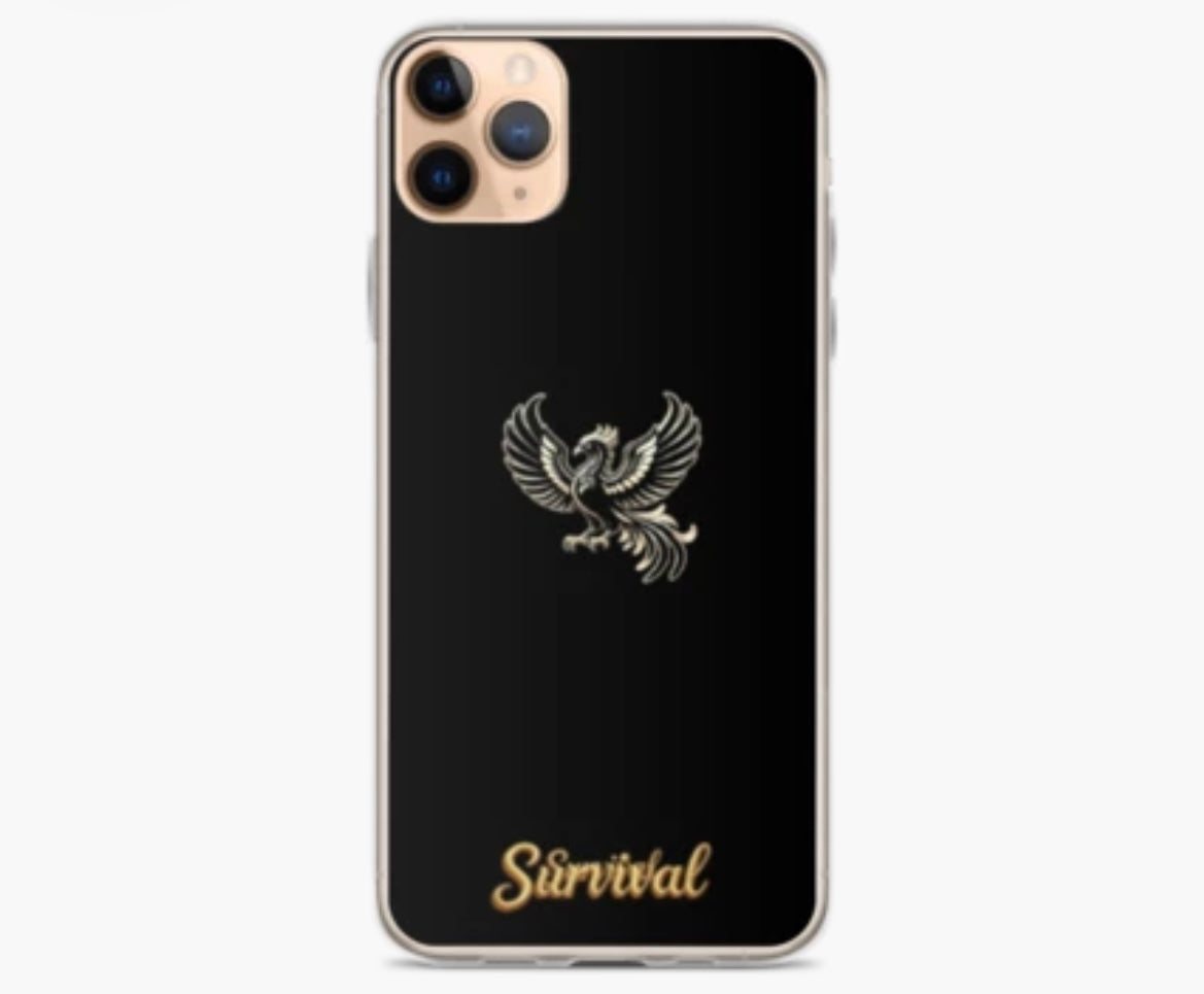 Survival Charlie Hall black phone case with silver phoenix and gold Survival branding