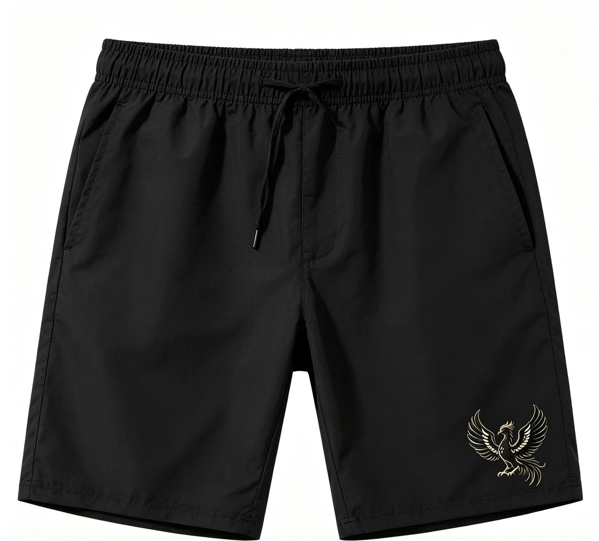Survival Charlie Hall black swim shorts with gold phoenix embroidery