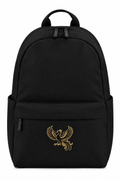 Black backpack with smaller embroidered phoenix