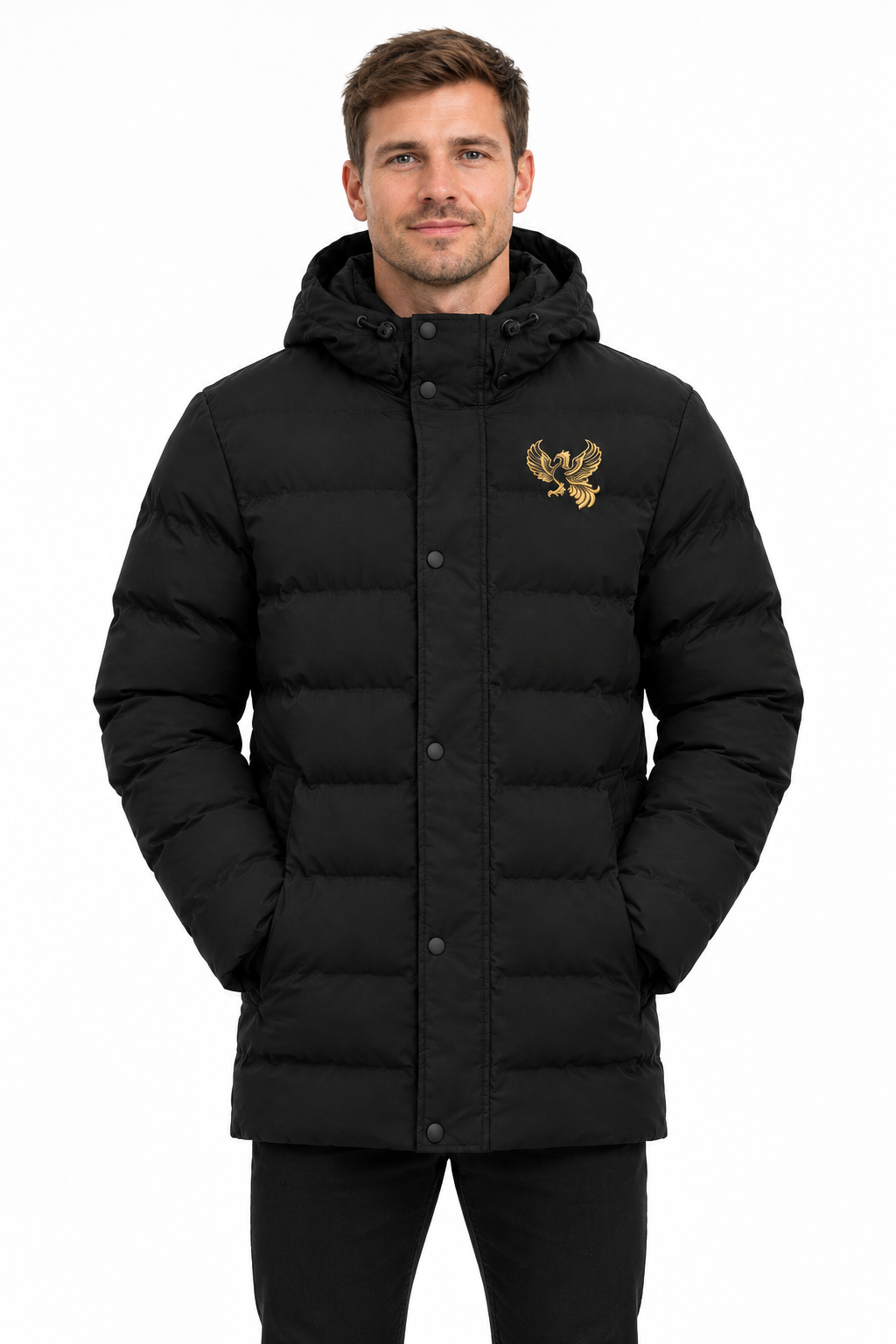 Black coat on a white male model around 30
