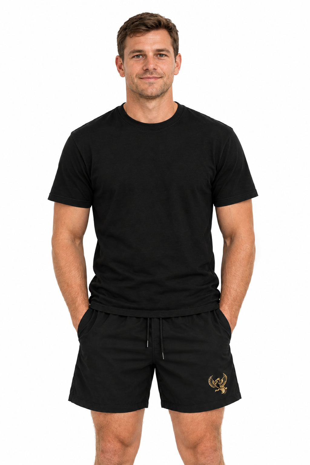 Black outfit on a male model around 30