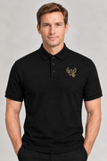 Black polo with small black-and-gold phoenix