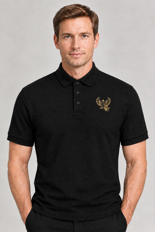 Black polo with small black-and-gold phoenix