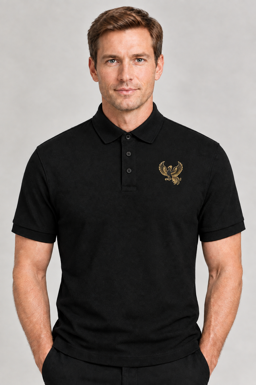 Black polo with small black-and-gold phoenix - Black