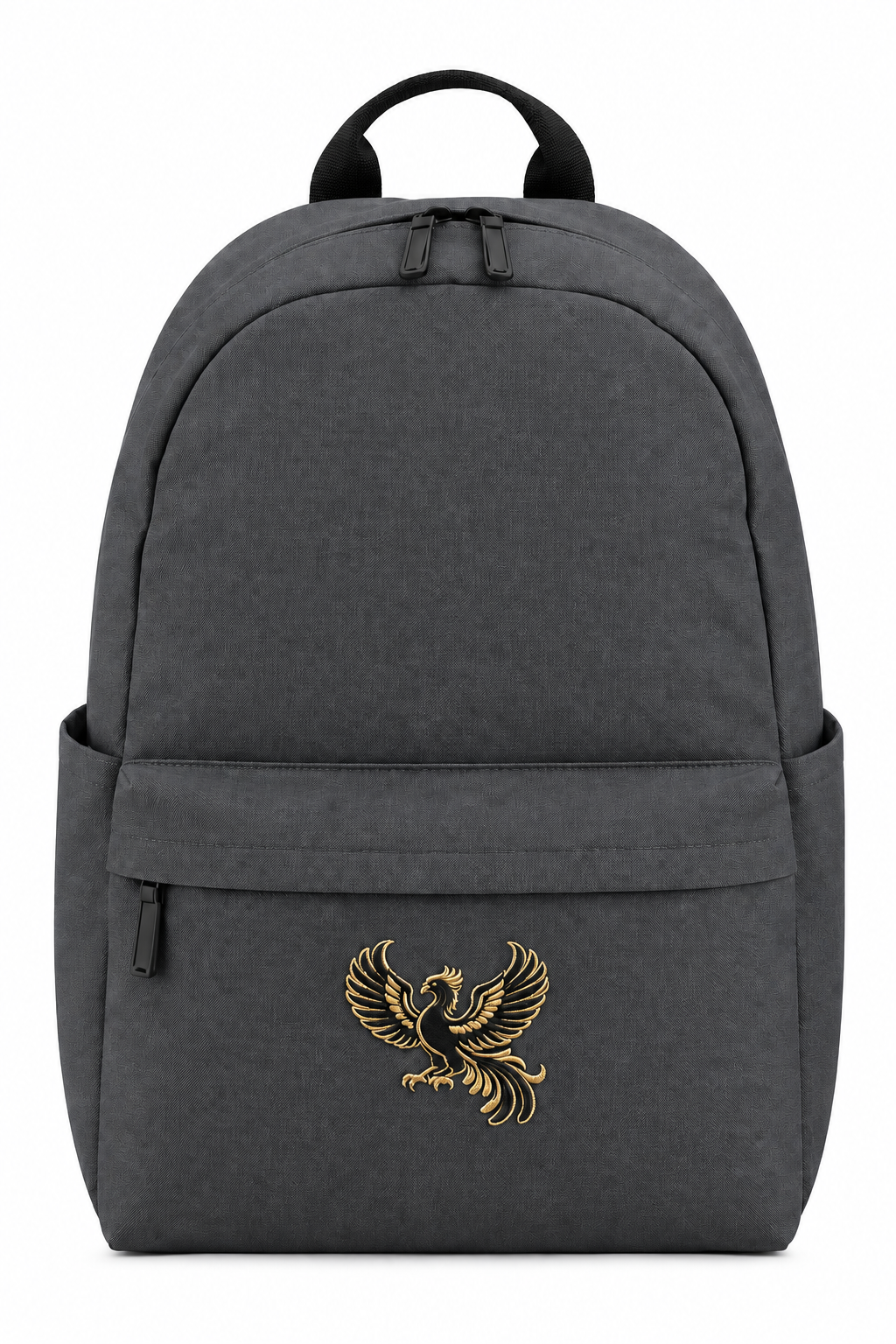 Charcoal grey backpack with smaller embroidered phoenix