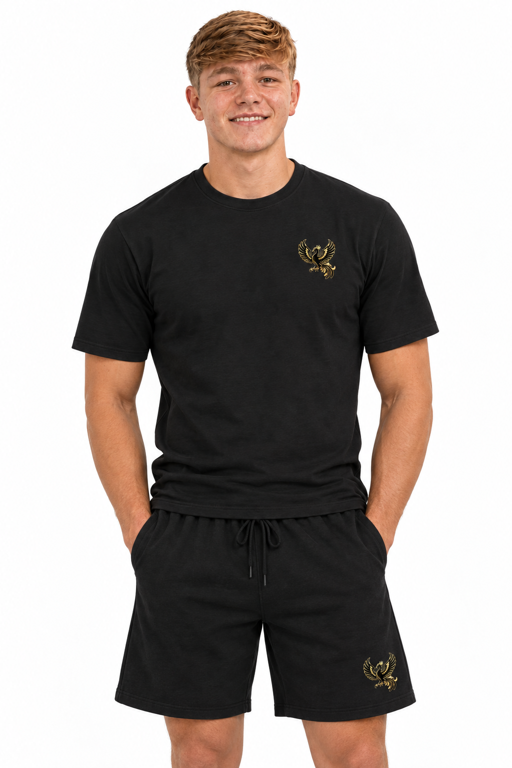 Charlie in gym T-shirt and shorts, upper-leg crop