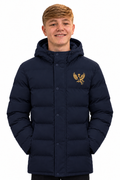 Charlie in the navy coat with hands in pockets, matching the black coat pose