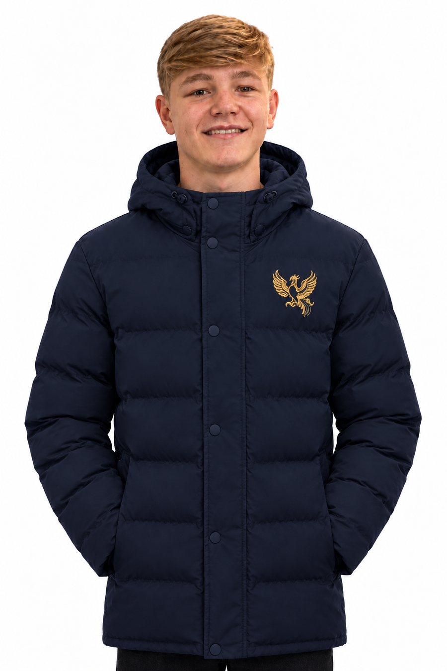 Charlie in the navy coat with hands in pockets, matching the black coat pose - Navy blue
