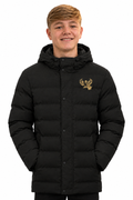 Charlie wearing the black puffer jacket with the hood down