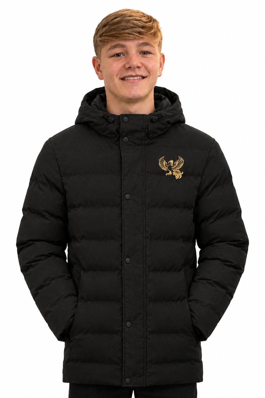 Charlie wearing the black puffer jacket with the hood down - Black
