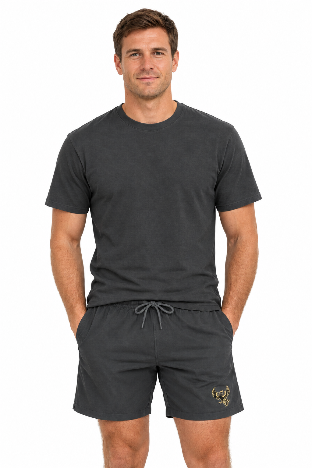 Grey outfit on a male model around 30