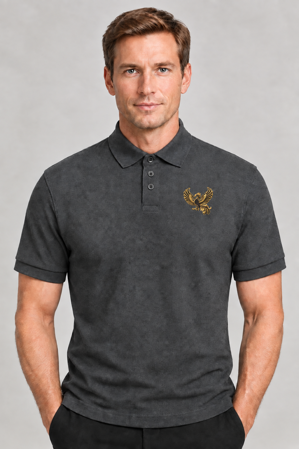 Grey polo photo being corrected to three buttons