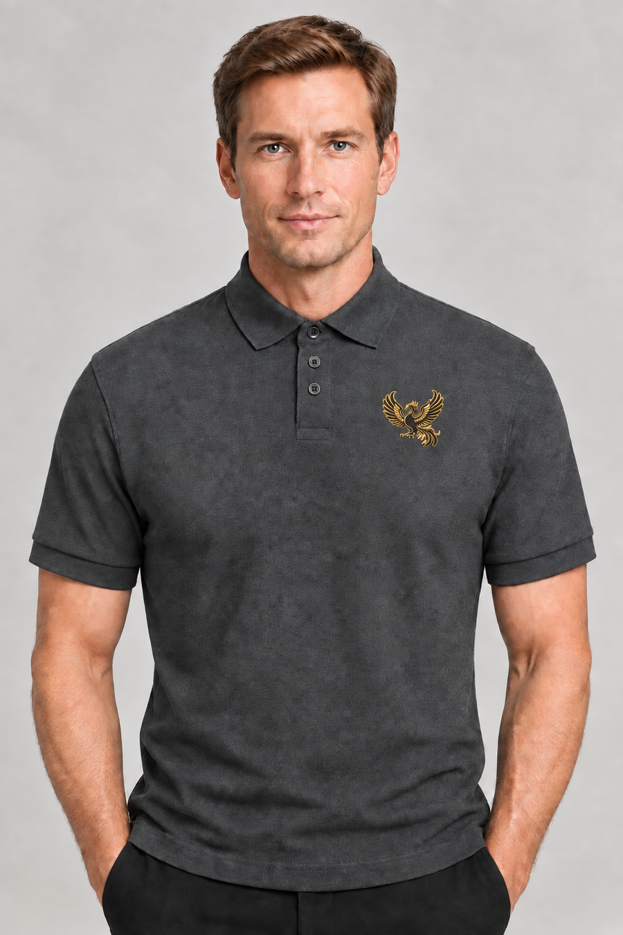 Grey polo photo being corrected to three buttons - Grey
