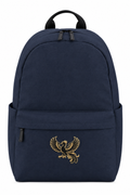 Navy backpack preview with a smaller embroidered phoenix