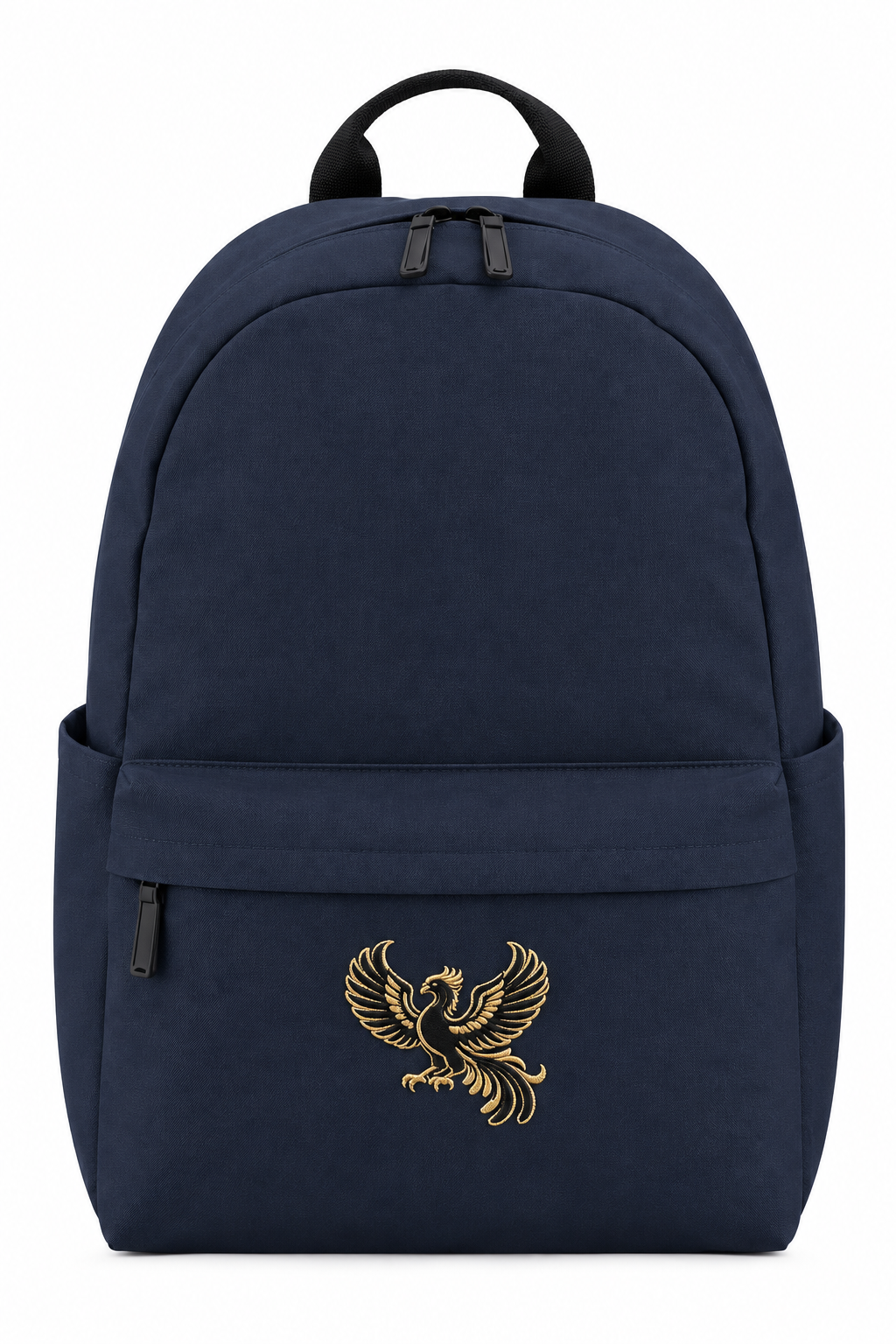 Navy backpack preview with a smaller embroidered phoenix