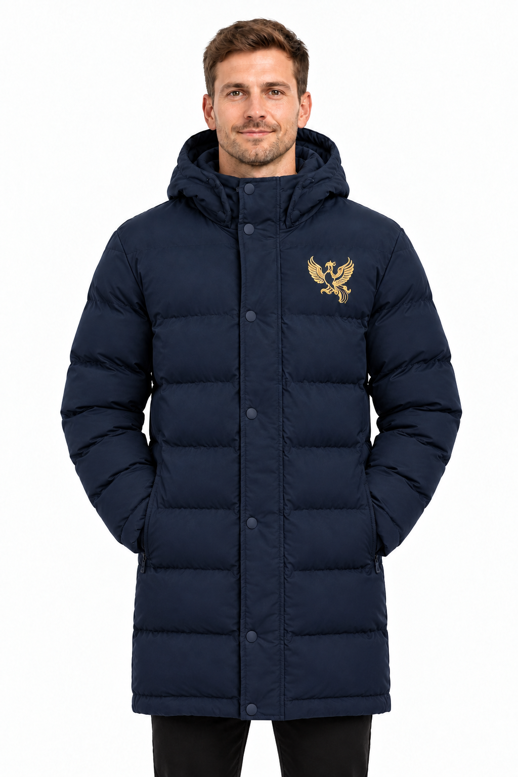 Navy coat model with both hands in his coat pockets