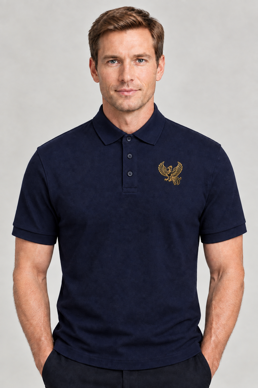 Navy polo with small black-and-gold phoenix