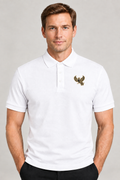 White polo with small black-and-gold phoenix