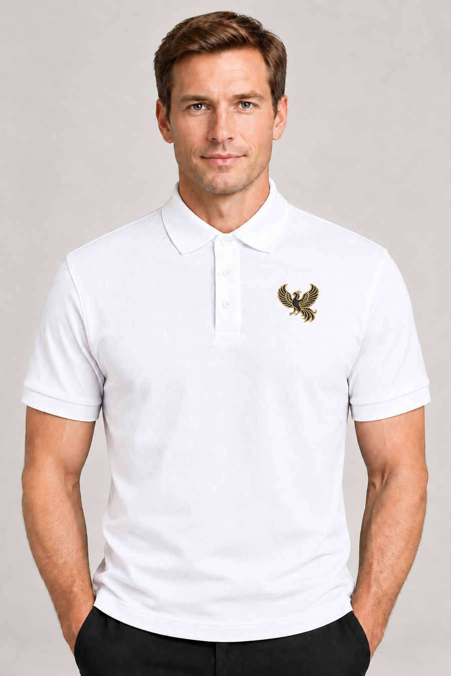 White polo with small black-and-gold phoenix - White